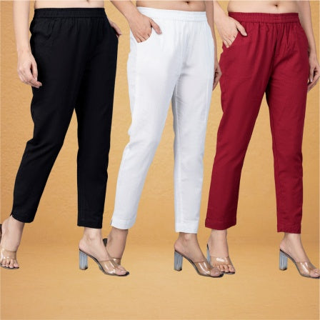 Combo of 3 Cotton White Maroon and Black Women Regular Fit Solid Trousers