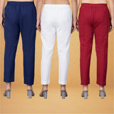 Combo of 3 Cotton White Maroon and Navy Blue Women Regular Fit Solid Trousers