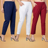 Combo of 3 Cotton White Maroon and Navy Blue Women Regular Fit Solid Trousers