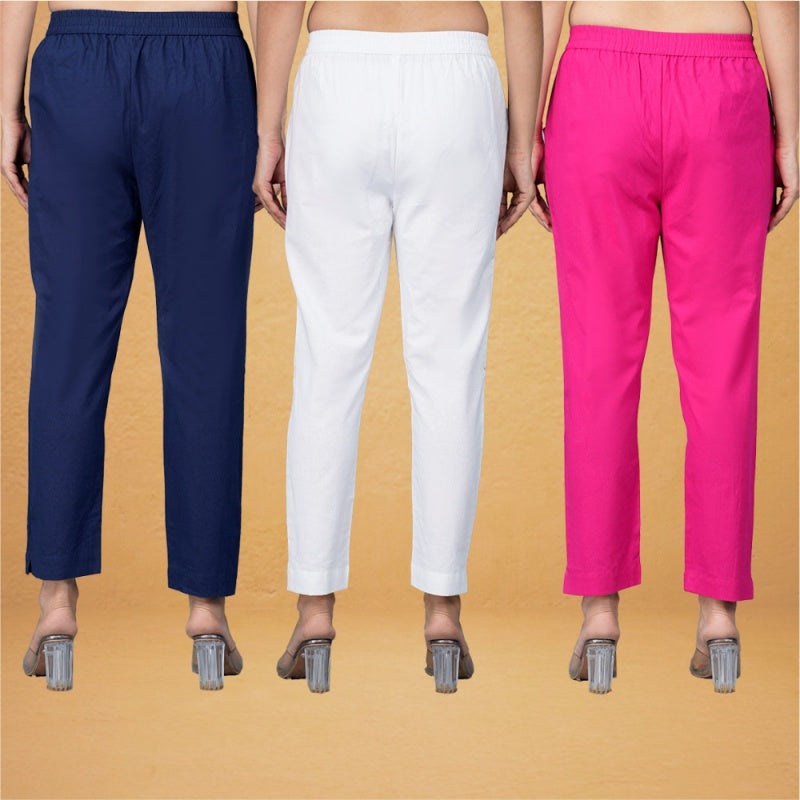 Combo of 3 Cotton White Pink and Navy Blue Women Regular Fit Solid Trousers