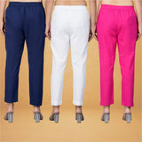 Combo of 3 Cotton White Pink and Navy Blue Women Regular Fit Solid Trousers