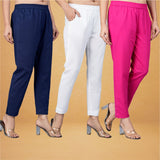 Combo of 3 Cotton White Pink and Navy Blue Women Regular Fit Solid Trousers