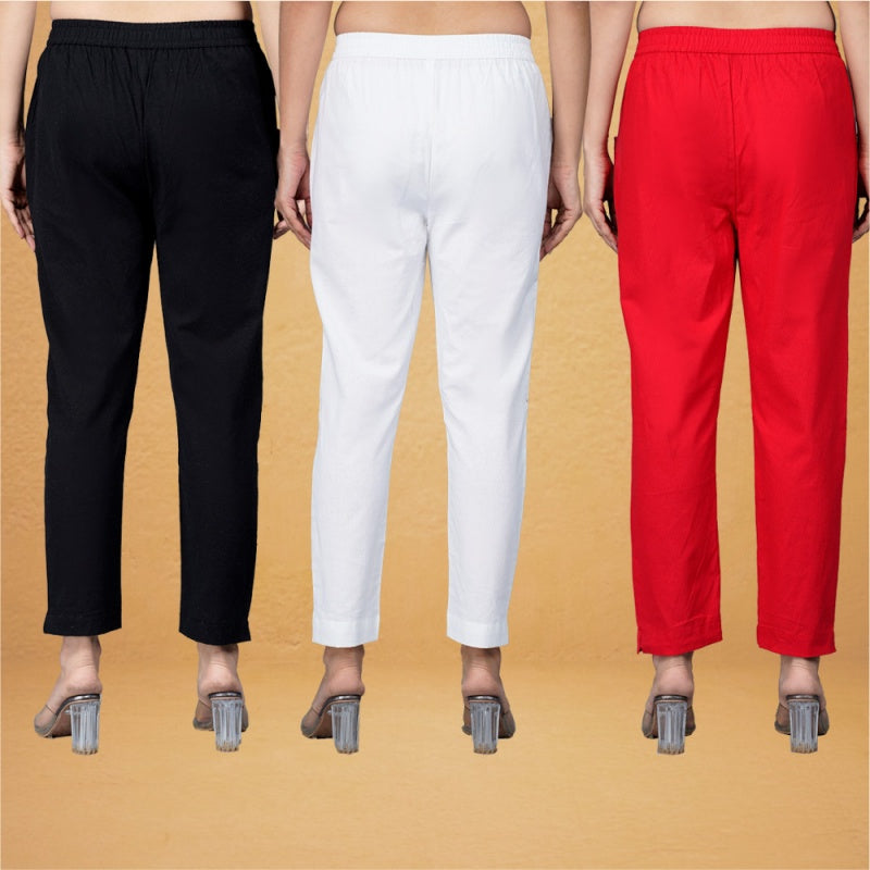 Combo of 3 Cotton White Red and Black Women Regular Fit Solid Trousers