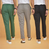 Combo of 3 Gray Black and Bottle Green Cotton Regular Trouser Pants-42387