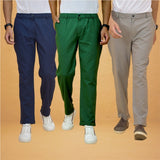 Combo of 3 Gray Navy Blue and Bottle Green Cotton Regular Trouser Pants-42378