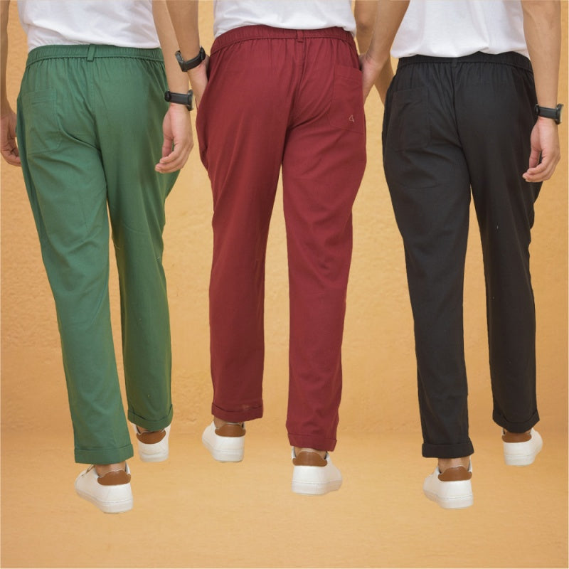 Combo of 3 Maroon Black and Bottle Green Cotton Regular Trouser Pants-42389