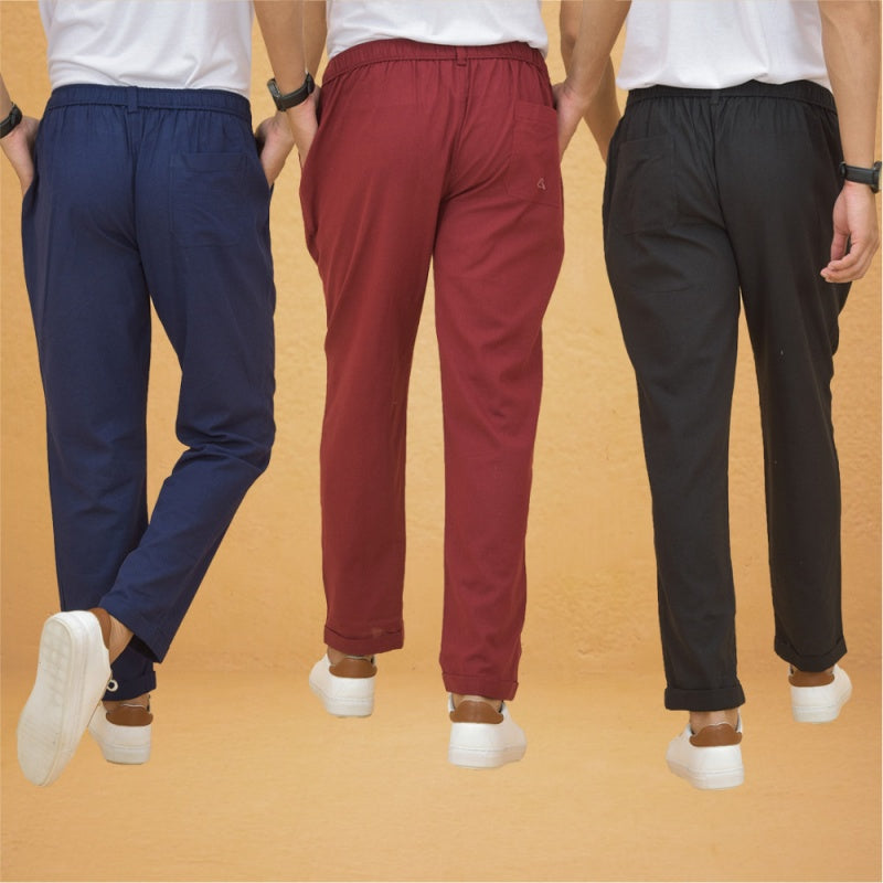 Combo of 3 Maroon Black and Navy Blue Cotton Regular Trouser Pants-42434