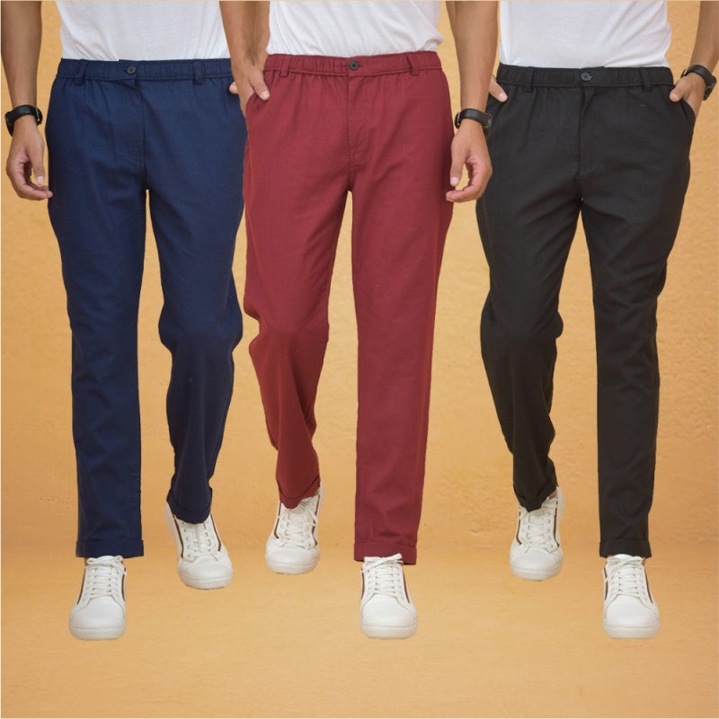 Combo of 3 Maroon Black and Navy Blue Cotton Regular Trouser Pants-42434