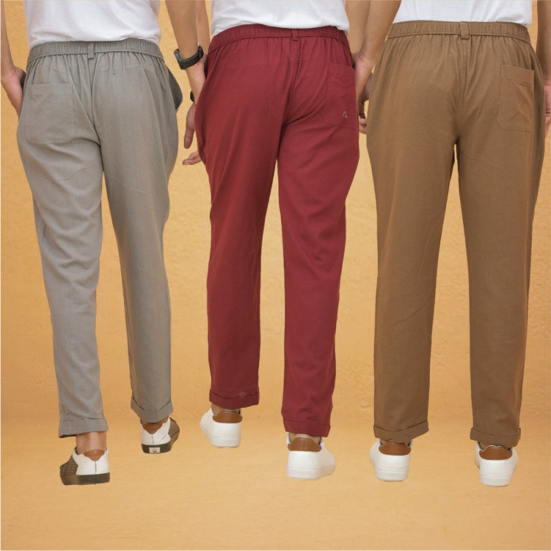 Combo of 3 Maroon Gray and Brown Cotton Regular Trouser Pants-42545