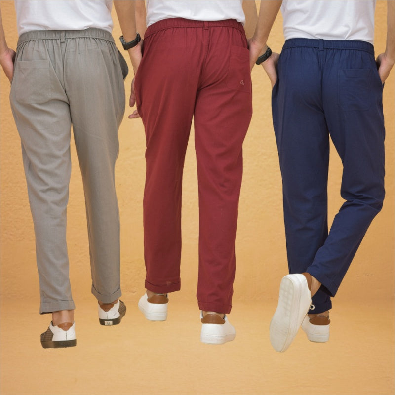 Combo of 3 Maroon Gray and Navy Blue Cotton Regular Trouser Pants-42460