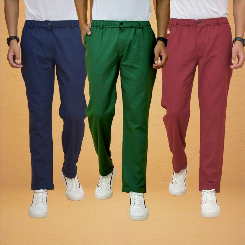 Combo of 3 Maroon Navy Blue and Bottle Green Cotton Regular Trouser Pants-42380