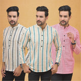 Combo of 3 Men Kurtas Stripe Cotton Handloom Green Pink and Beige