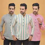 Combo of 3 Men Kurtas Stripe Cotton Handloom Green Pink and Gray