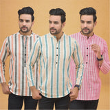 Combo of 3 Men Kurtas Stripe Cotton Handloom Green Pink and Peach