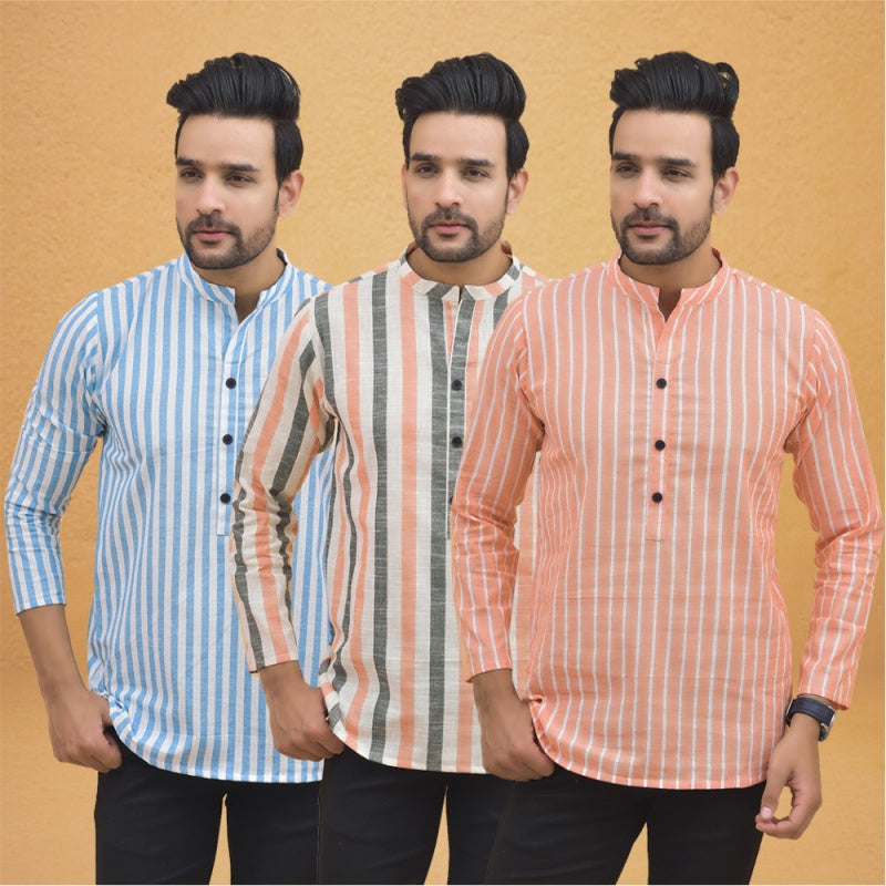 Combo of 3 Men Kurtas Stripe Cotton Handloom Peach Peach and Sky Blue