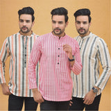 Combo of 3 Men Kurtas Stripe Cotton Handloom Pink Beige and Sky Blue