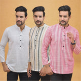 Combo of 3 Men Kurtas Stripe Cotton Handloom Pink Beige and White