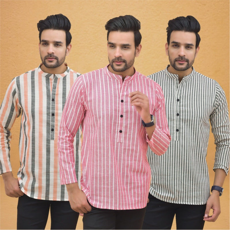 Combo of 3 Men Kurtas Stripe Cotton Handloom Pink Gray and Peach