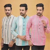 Combo of 3 Men Kurtas Stripe Cotton Handloom Pink Green and Beige