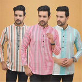 Combo of 3 Men Kurtas Stripe Cotton Handloom Pink Green and Peach