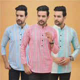 Combo of 3 Men Kurtas Stripe Cotton Handloom Pink Green and Sky Blue