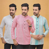 Combo of 3 Men Kurtas Stripe Cotton Handloom Pink Green and White