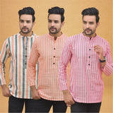 Combo of 3 Men Kurtas Stripe Cotton Handloom Pink Peach and Peach