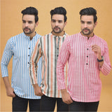 Combo of 3 Men Kurtas Stripe Cotton Handloom Pink Peach and Sky Blue