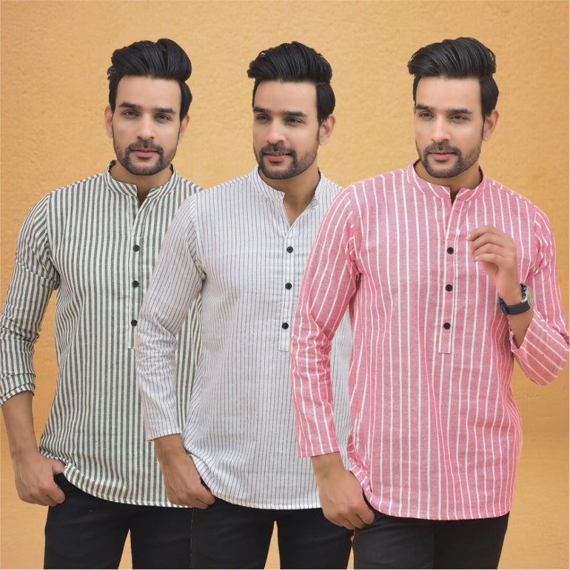 Combo of 3 Men Kurtas Stripe Cotton Handloom Pink White and Gray