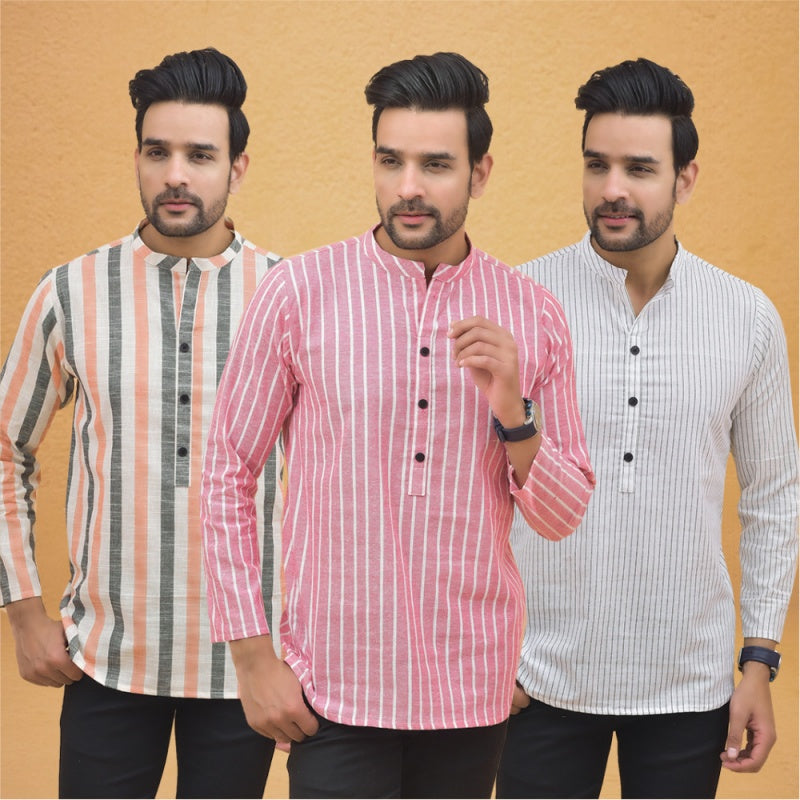 Combo of 3 Men Kurtas Stripe Cotton Handloom Pink White and Peach