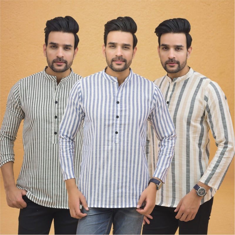 Combo of 3 Men Kurtas Stripe Cotton Handloom Sky Blue Beige and Gray