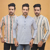 Combo of 3 Men Kurtas Stripe Cotton Handloom Sky Blue Beige and Peach