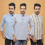 Combo of 3 Men Kurtas Stripe Cotton Handloom Sky Blue Beige and Sky Blue