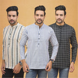 Combo of 3 Men Kurtas Stripe Cotton Handloom Sky Blue Black and Beige