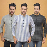 Combo of 3 Men Kurtas Stripe Cotton Handloom Sky Blue Black and Gray