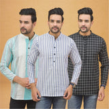 Combo of 3 Men Kurtas Stripe Cotton Handloom Sky Blue Black and Green