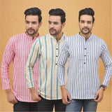 Combo of 3 Men Kurtas Stripe Cotton Handloom Sky Blue Black and Green