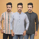 Combo of 3 Men Kurtas Stripe Cotton Handloom Sky Blue Black and Peach