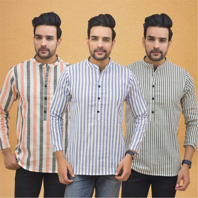 Combo of 3 Men Kurtas Stripe Cotton Handloom Sky Blue Gray and Peach