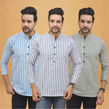 Combo of 3 Men Kurtas Stripe Cotton Handloom Sky Blue Gray and Sky Blue