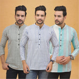 Combo of 3 Men Kurtas Stripe Cotton Handloom Sky Blue Green and Gray