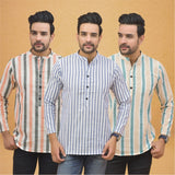 Combo of 3 Men Kurtas Stripe Cotton Handloom Sky Blue Green and Peach