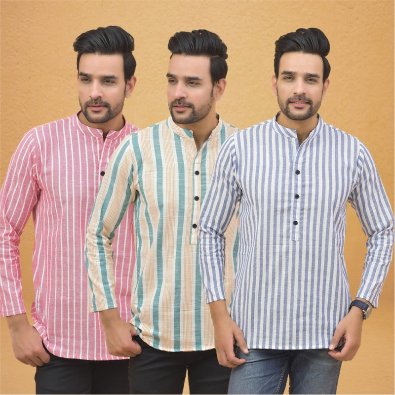 Combo of 3 Men Kurtas Stripe Cotton Handloom Sky Blue Green and Pink