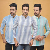 Combo of 3 Men Kurtas Stripe Cotton Handloom Sky Blue Green and Sky Blue