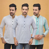 Combo of 3 Men Kurtas Stripe Cotton Handloom Sky Blue Green and White