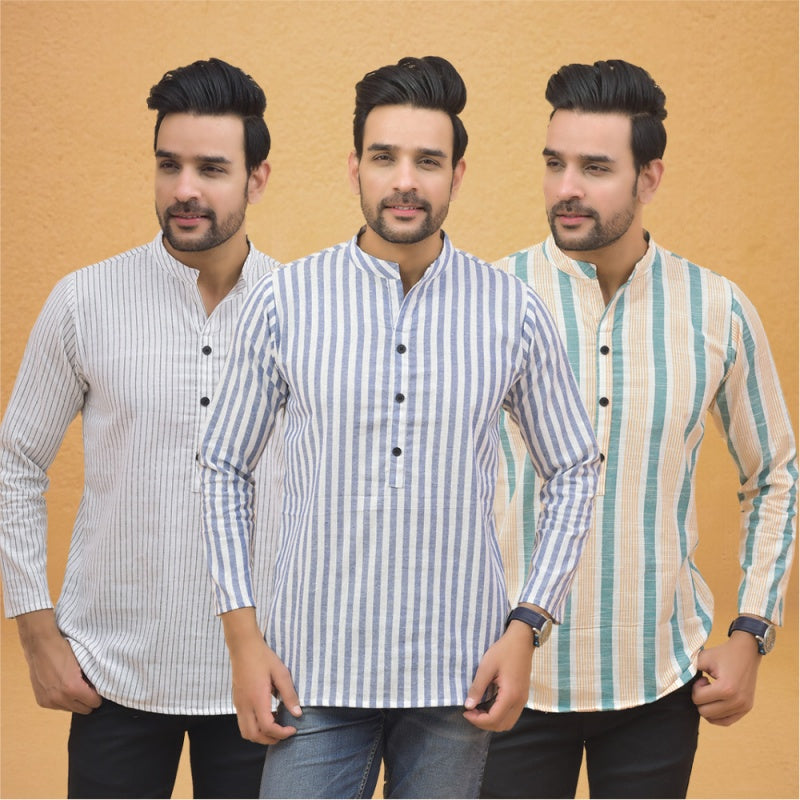 Combo of 3 Men Kurtas Stripe Cotton Handloom Sky Blue Green and White