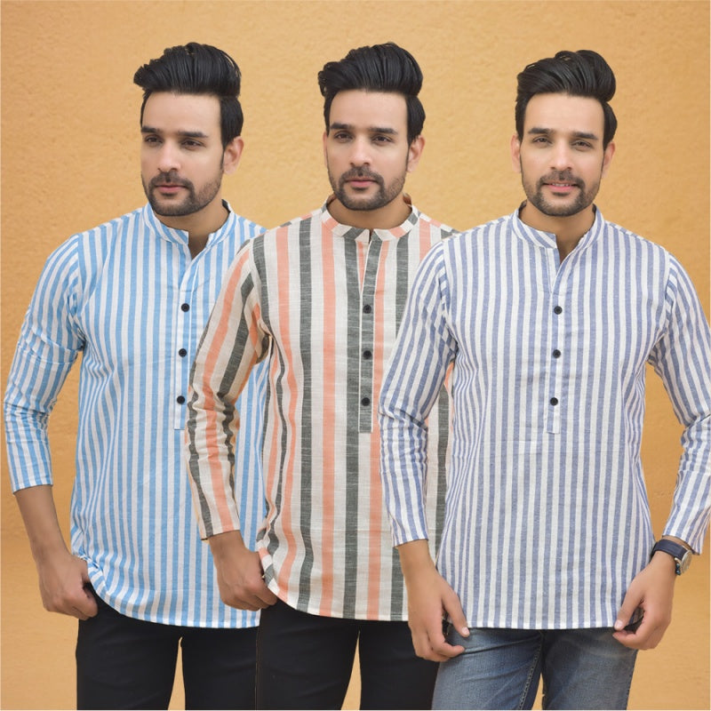 Combo of 3 Men Kurtas Stripe Cotton Handloom Sky Blue Peach and Sky Blue