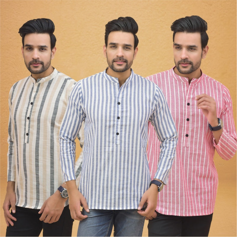 Combo of 3 Men Kurtas Stripe Cotton Handloom Sky Blue Pink and Beige