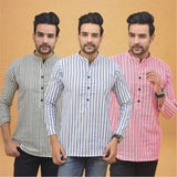 Combo of 3 Men Kurtas Stripe Cotton Handloom Sky Blue Pink and Gray