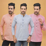 Combo of 3 Men Kurtas Stripe Cotton Handloom Sky Blue Pink and Peach